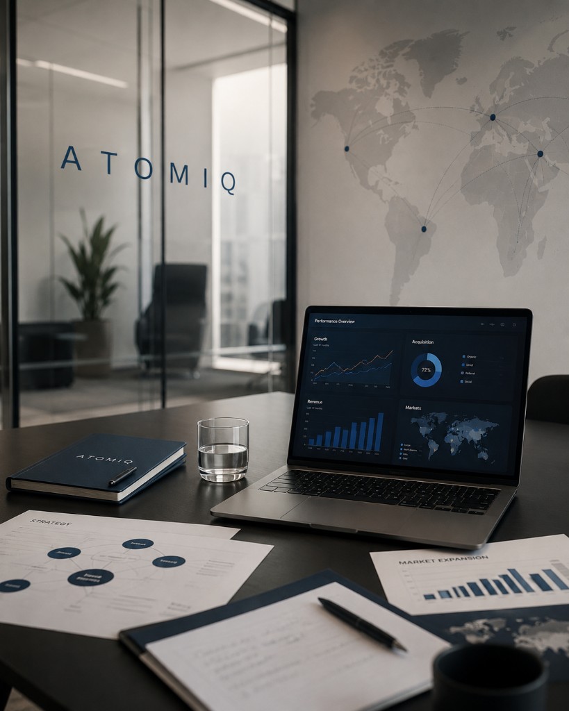 Ufficio Atomiq: notebook branded, laptop e logo sul vetro