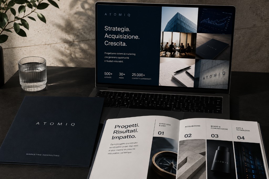 Materiali e presenza Atomiq: laptop, cartella e brochure.