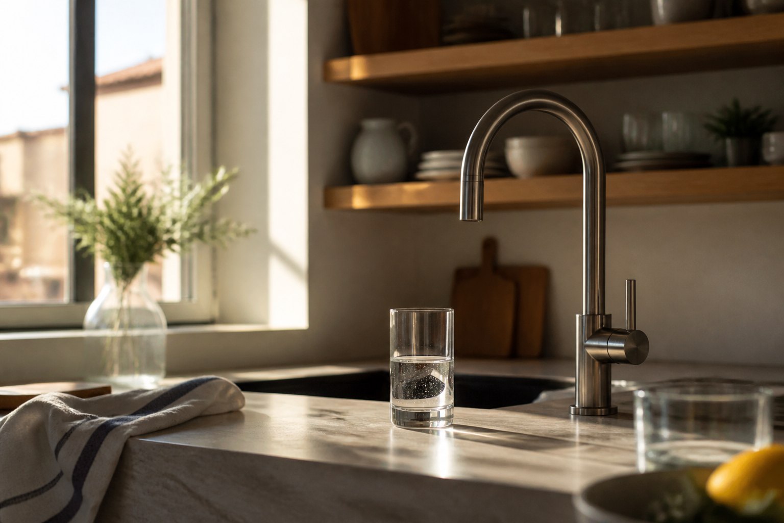 Cucina residenziale: un bicchiere d'acqua sul piano, il contesto in cui nasce la richiesta di un depuratore